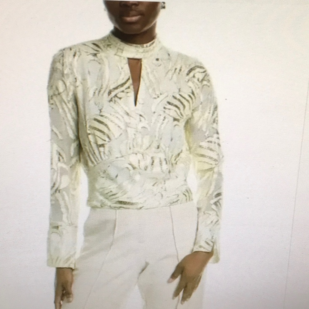 PARKER/“THE PIPER”GOLD METALLIC SHIMMER & IVORY MOCK NECK CHIFFON BLOUSE